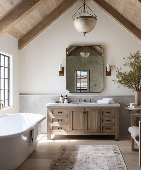 Becki Owens - Bathroom inspo post!! Also some mid week... | Facebook Vaulted Ceiling Ideas, Country Bathroom, Bathroom Inspo, Dream House Interior, Bathroom Renos, Farmhouse Homes, Decor Minimalist, House Bathroom, Vaulted Ceiling