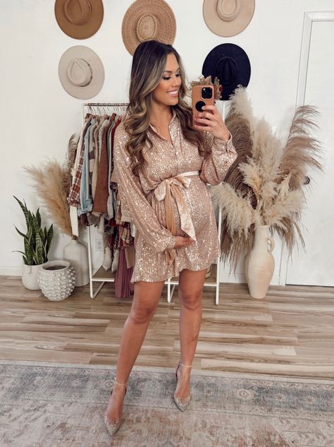 Winter's Embrace Champagne Sequin … curated on LTK New Years Eve Outfit Pregnant, Pregnant Outfits Christmas, Bump Friendly Holiday Outfits, Maternity Sequin Outfit, Maternity Sequin Dress, Christmas Maternity Dress, Holiday Pregnancy Outfits, Maternity Christmas Party Outfit, Holiday Maternity Outfits