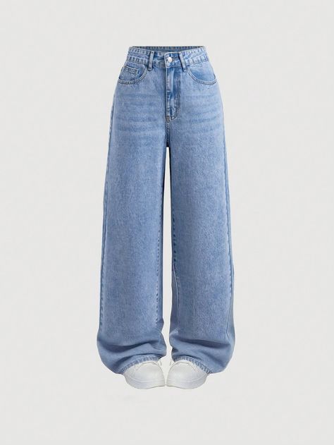 Women's Loose-Fit Casual Straight-Leg Jeans With Pockets Medium Wash Casual   Denim Plain Wide Leg Non-Stretch  Women Clothing, size features are:Bust: ,Length: ,Sleeve Length: Cute Pants Jeans, Outfit For Jeans For Women, Loose Straight Leg Jeans Outfits, Cute Bottoms For Women, Over Sized Jeans, Shoes For Jeans, Jeans From Shein, Light Wash Baggy Jeans, Denim Jeans Outfit