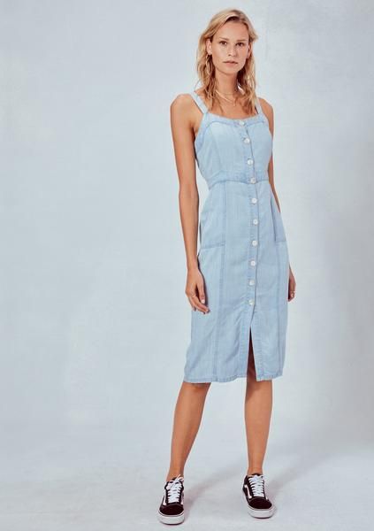 Celine Dress Denim Pinafore Dress Outfit, Pinafore Dress Outfit, Midi Pinafore Dress, Button Down Denim Dress, Celine Dress, Boutique Designs, Denim Pinafore Dress, Tencel Denim, Denim Pinafore