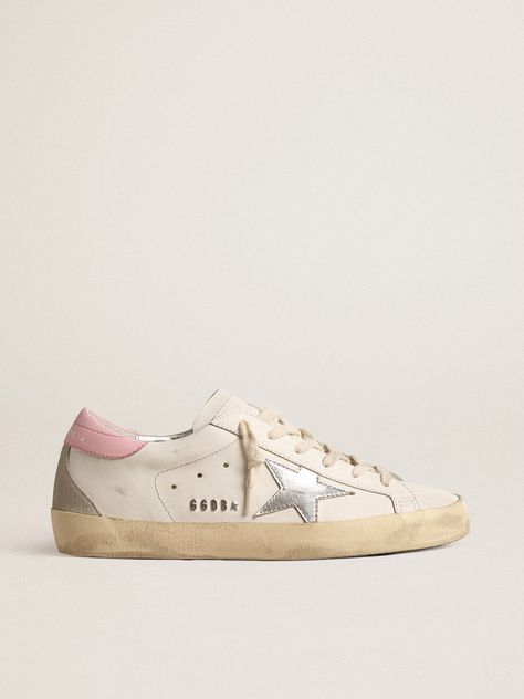 Women's Super-Star with silver leather star and pink heel tab | Golden Goose Golden Sneakers, Golden Goose Sneakers, Shoe Inspo, Girly Shoes, Golden Goose Shoes, Star Shoes, Super Star, Star Sneakers, Pink Heels