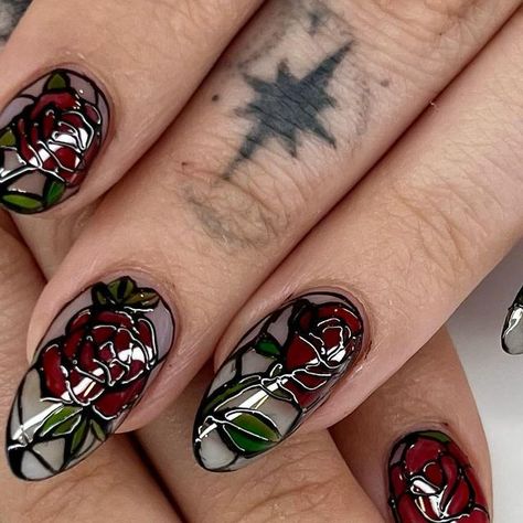 philly nails | sets by ellie 💅🏽 on Instagram: "stained glass for little miss pinky sizes 🥀❤️‍🔥" Sammi Nails, Philly Nails, Stained Glass Acrylic Nails, Stained Glass Gel Nails, Stain Glass Window Nails, Nature Inspired Nails, Stained Glass Halloween Nails, Sammi Jefcoate Nails, Dia De Los Muertos Nail Ideas