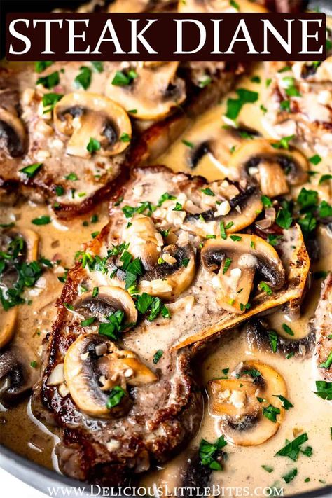 Steak Diane is a classic recipe made with tender sautéed beef and a creamy mushroom sauce. While this dish has a reputation of being more fancy, it's easy enough to make even on busy weeknights. This recipe is naturally gluten free and very low in carbohydrates making it easily adaptable to suit many different diets. | #steakdiane #steak #beef #steakdinner #onepanmeal Steak Diane Recipe, Sirloin Recipes, Sirloin Steak Recipes, Steak Dinner Recipes, Steak Diane, Round Steak Recipes, Steak Sandwiches, Filet Mignon Recipes, Steak Dishes