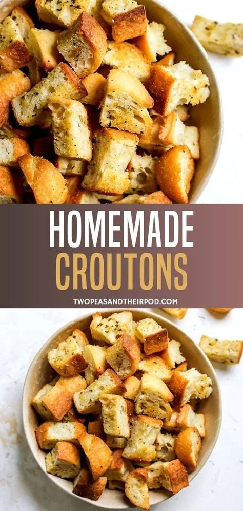 Learn how to make homemade croutons that are crunchy on the outside, slightly chewy on the inside, and SO much better than store bought croutons. Use in salads, soups, stuffing, and more! Homemade Croutons For French Onion Soup, Making Croutons From Bread, Diy Croutons From Bread, Croutons Homemade Oven, How To Make Croutons From Bread, Make Croutons From Bread, Home Made Croutons Recipe, Croutons From Bread, Homemade Croutons Easy