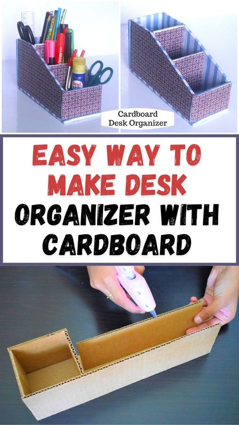 DIY Desk organizer made from cardboard and paper. This cardboard organizer is one of the easy cardboard craft ideas that will help you in storage and organization of your stationary and school supplies. Molde, Cartonnage, Organisation, Upcycling, Diy Box Organizer How To Make, Homemade Desk Organizer, Stationary Organizer Diy, Diy Cardboard Box Storage Organizers, How To Make School Supplies Cute Diy Crafts