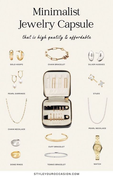 Build the perfect classic jewelry capsule wardrobe with our guide on how to build a minimalist jewelry capsule collection. We’re sharing the best basic jewelry essentials and staple jewelry pieces in gold and silver to help you find your dream jewelry collection. #Minimalist #Simplicity #Jewelry #Exploring #of #Jewelry #the #and #Beauty #Elegance #Embracing #HandmadeJewelry #Style #StatementJewelry Jewelry Capsule Wardrobe, Jewelry Capsule, Staple Jewelry, Capsule Wardrobe Jewelry, Everyday Jewellery, Design Basics, S Jewelry, Basic Jewelry, Jewelry Style