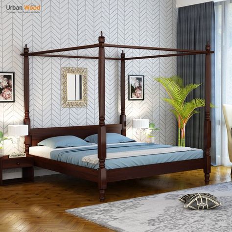 Rare Poster Bed Without Storage ( King Size, Walnut Finish ) Pandiri Mancham Designs, Four Poster Canopy Bed, Four Poster Beds, 4 Poster Bed, Poster Beds, Simple Bed Designs, 4 Poster Beds, Bed Interior, Wooden Bed Design