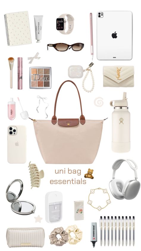 what a vanilla girl would take to uni Uni Bag Essentials, Uni Essentials, Girl Essentials, Uni Bag, School Bag Essentials, Travel Bag Essentials, Castle Aesthetic, Inside My Bag, Cool School Supplies