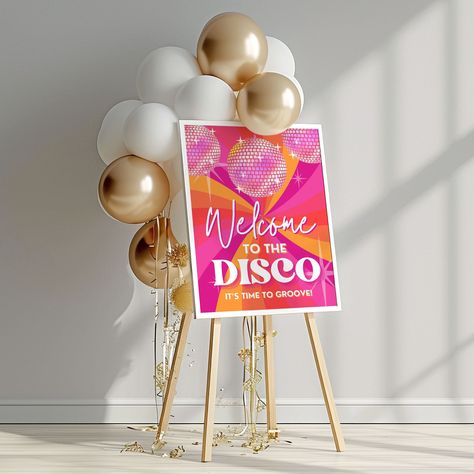 "Your Disco Party decorations aren't complete without a TOTALLY GROOVY Disco Welcome Sign! This funky pink and orange editable 70s welcome sign is here to elevate your disco decor -- ideal for any retro discoball party! The perfect addition to your disco ball party decorations, this fun and editable disco party sign will help create a lively atmosphere for your groovy party. It's an instant download, which means you can print the welcome sign as-is or begin personalizing the Canva template right 50th Birthday Retro Theme, 50th Birthday Party 70s Theme, Groovy 50th Birthday, Disco 50th Birthday Party, 70s Themed Birthday Party Decorations, Birthday 70s Theme, 70s Decorations Party, 70s Party Theme Decorations, Sundowner Party