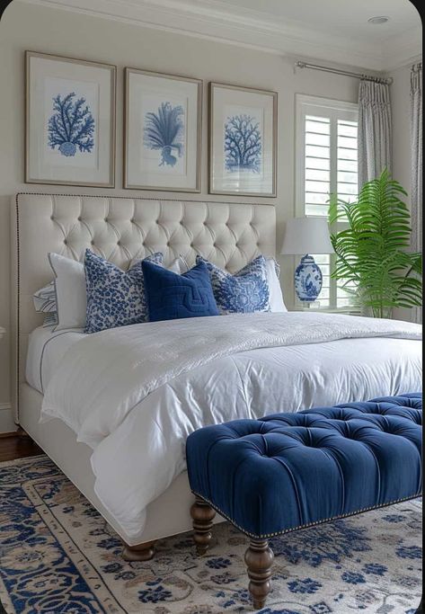 Costal Bedroom, Blue Room Decor, Blue And White Decor, Ocean Themed Bedroom, Blue Bedroom Decor, Bedroom Refresh, Room Makeover Bedroom, Bedroom Green, Blue Bedroom