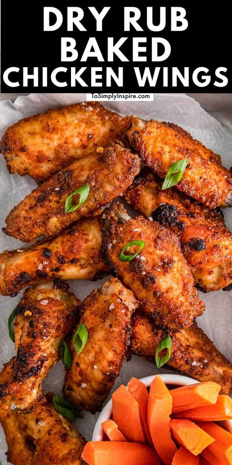 Juicy and flavorful oven baked chicken wings will be a hit at any party or game day. These crispy baked wings are coated with the best dry rub that are loaded with flavor and a healthier option than deep-fried wings. Chicken Wing Pasta, Saucy Chicken Wings, Chicken Wings Seasoning, Bake Chicken Wings, Wings Recipe Oven, Chicken Wings Recipe Oven, Oven Fried Chicken Wings, Dry Rub Chicken Wings, Wings Recipe Baked