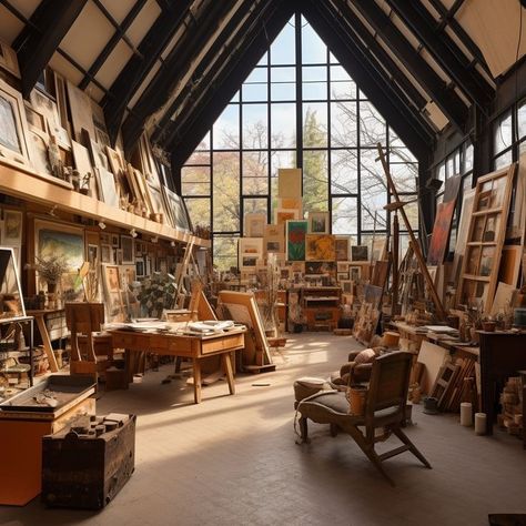 Mansion Art Studio, Artist In Their Studio, Art Studio In The Woods, Paint Studio Aesthetic, Luxury Art Studio, Art Store Aesthetic, Painting Studio Aesthetic, Artist Studio Workspaces, Attic Art Studio