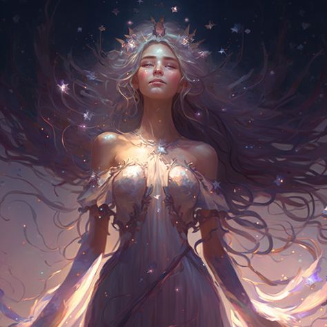 ArtStation - Stellar Enchantress: The Celestial Goddess in a Flowing Gown 1  Artworks Night Skies, Celestial Goddess, Flowing Gown, Divine Goddess, Flowing Hair, Secrets Of The Universe, Ethereal Beauty, Game Assets, Deep Purple