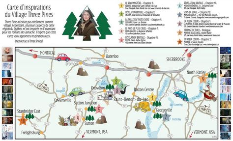 Three Pines Inspirations Map (Louise Penny) | Eastern Townships (Quebec) Three Pines Map, Three Pines Louise Penny, Louise Penny Books, Inspector Gamache, Eastern Townships, Trombone Music, Three Pines, Louise Penny, World Library