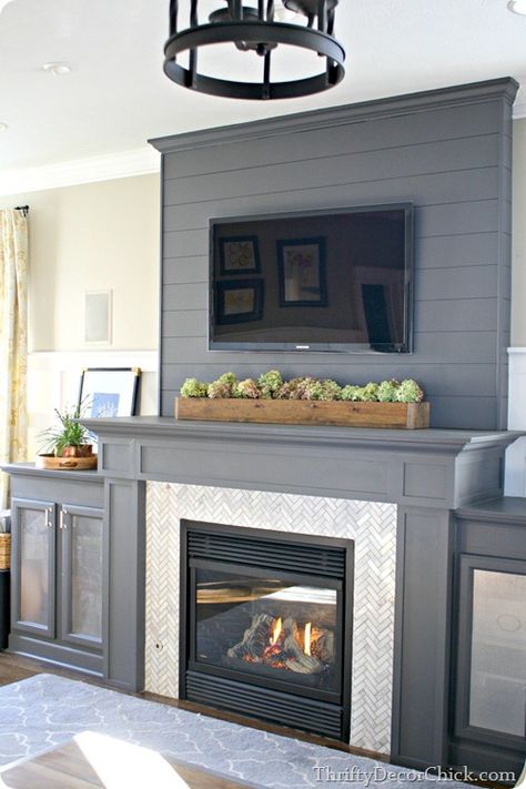 Fireplace Herringbone, Gray Fireplace, Family Room Reveal, Fireplace And Tv, Grey Fireplace, Tv Mounted, Shiplap Fireplace, Fireplace Built Ins, Herringbone Tile