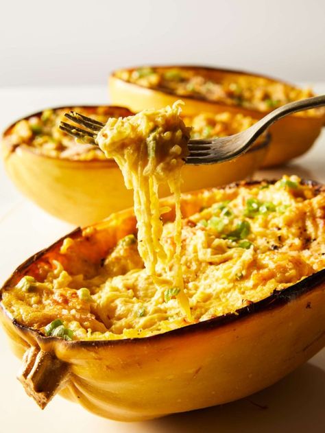 Vegan Baked Spaghetti Squash with Pumpkin and Green Onion Alfredo Vegan Baked Spaghetti, Vegan Spaghetti Squash, Squash Alfredo, Vegan Cashew Cheese, Winter Squash Recipes, Vegetarian Thanksgiving Recipes, Vegan Spaghetti, Vegan Alfredo, Spoon Fork Bacon