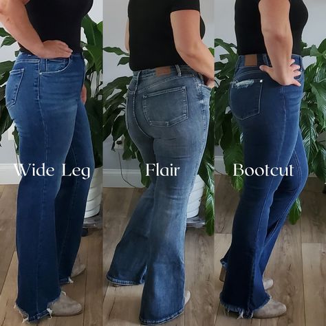 Flare vs. Bootcut vs. Wide Leg Jeans—What’s the Difference? 👖✨ With so many denim styles, it can be tough to choose the right fit! Let’s break down the key differences between flare, bootcut, and wide leg jeans to help you find your perfect pair. 👖 Flare Jeans: Fit: Snug through the waist, hips, and thighs, then dramatically flare out from the knee. Vibe: Retro, statement-making, and bold. Style Tip: Perfect with platforms or heeled boots to show off that dramatic flare! 👖 Bootcut Jeans: Fi... Bootcut Vs Flare Jeans, Risen Jeans, Denim Chic, The Boutique, Bold Style, Trendy Accessories, Fall 2024, New Wardrobe, Fall Wardrobe