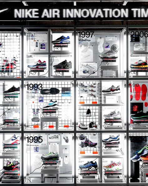 METCHA | Nike's innovation timeline created by Hotel Creative Timeline Display, Nike Office, Nike Event, Nike Retail, Bike Store, Exhibition Display, Design Shoes, Factory Design, Shoe Display