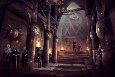 ArtStation - Viking Hall, Nele Diel Viking House Interiors, Viking Hall, Mead Hall, Interior Concept Art, Nordic Architecture, Viking House, Viking Village, Viking Culture, Medieval Houses