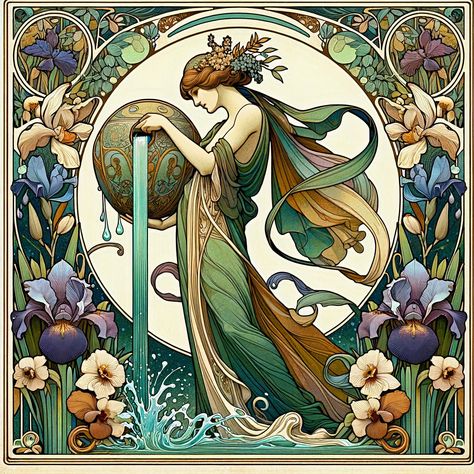 Aquarius Art Nouveau, Art Nouveau Astrology, Zodiac Aquarius Art, Aquarius Illustration, Aquarius Zodiac Art, Astrology Artwork, Aquarius Art, Illustration Art Nouveau, Alphonse Mucha Art