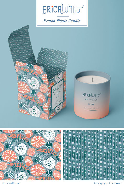 Candle packaging mockup featuring a pattern design of prawns and sea shells in dusty pink and pale turquoise. Packaging That Uses Patterns, Minimalist Package Design, Patterned Packaging, Bold Packaging Design, Soap Box Packaging, Art Deco Packaging, Candle Packaging Ideas, Elegant Packaging Design, Packaging Pattern Design