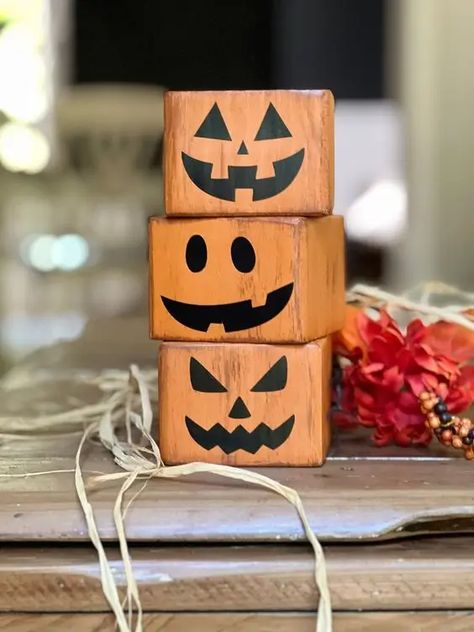 Pumpkin Shelf Sitter, Diy Wood Block Pumpkins, Diy Scrap Wood Halloween Projects, Simple Dollar Tree Fall Crafts, Foundations Decor Wood Crafts, Things To Make With 2x4 Wood, Wooden Pumpkin Designs, Wooden Pumpkin Pie Slice, Halloween Crafts For Decoration