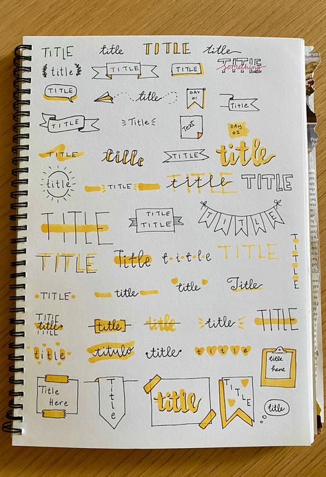 Writing Titles Fonts, Types Of Titles For Notes, Cute Title Ideas, Different Ways To Write Titles, Titles Ideas, Title Ideas Bullet Journal, Title Design Bullet Journal, Aesthetic Writing, Creative School Project Ideas