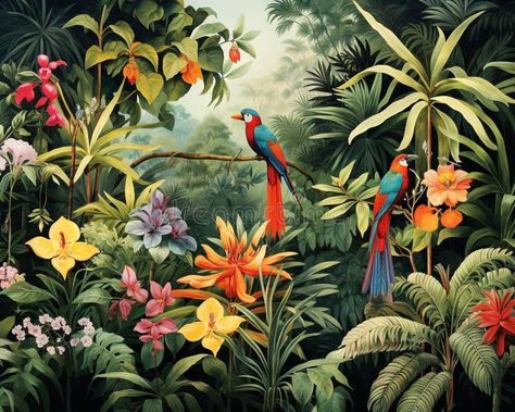 Mural of a jungle and leaves tropical forest.. Illustration about butterflies, generative, drawing, mural, vintage, tropical, leaves, background, birds, concept, jungle - 293034179 Rainforest Mural, Tropical Leaves Background, Background Birds, Mural Cafe, About Butterflies, Jungle Painting, Jungle Mural, Forest Mural, Jungle Scene