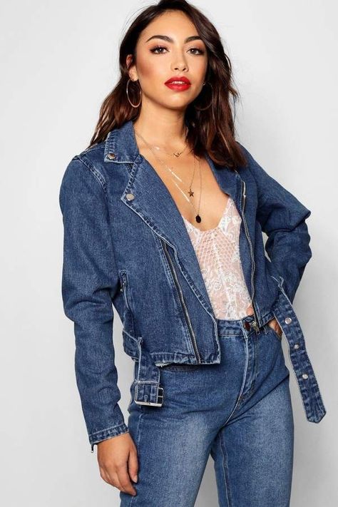 Womens buckle denim biker jacket. #denim #womensfashion #buckle #jacket #affiliate Denim Biker Jacket, Casual Denim Jacket, Jacket Denim, Fashion Jeans, Biker Jacket, All About Fashion, Denim Fashion, Denim Women, Aesthetic Clothes