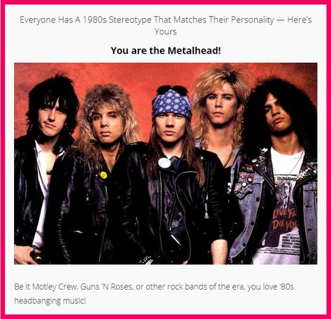 Everyone Has A 1980s Stereotype That Matches Their Personality — Here’s Yours Quiz: You are the Metalhead!  "Be it Motley Crew, Guns 'N Roses, or other rock bands of the era, you love '80s headbanging music!"  100% accurate. Rock on! 80s Stereotypes, 80s Indie Aesthetic, Metalheads 80s, Band Sweatshirt Outfit, Types Of Metal Music, Classic Rock Outfits Women, 1980s Metalhead, 80s Metalhead Fashion, 80’s Rock Fashion