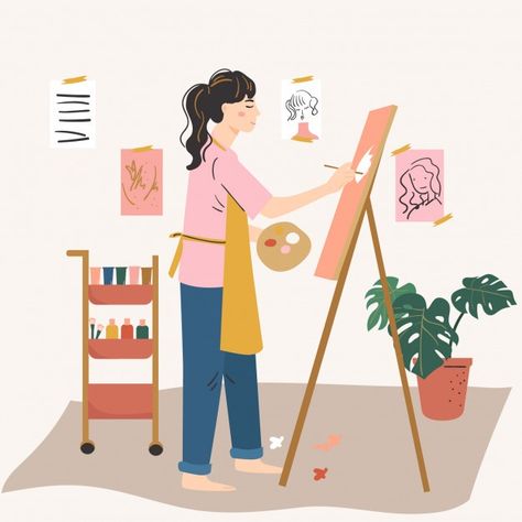 Woman Artist Painting, Painting On Easel, Vector Woman, Woman Artist, Dancing Drawings, Home Concept, Vector Character Design, Isometric Illustration, Illustration Art Girl