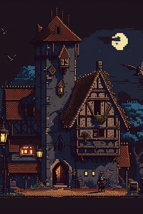 An 8-bit painting of a medieval tower in the middle of the night 1 Bit Art, Pixel Fantasy Art, Digital Pixel Art, Fantasy Pixel Art Wallpaper, Dark Fantasy Pixel Art, Pixel Art Town, Medieval Pixel Art, Pixel Art Video Games, Dark Pixel Art