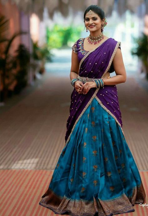 Half Saree Designs Simple, Pavadai Thavani, Half Saree Designs South Indian, Traditional Poses, Pattu Lehenga, Coconut Decoration, Pattu Langa, Full Mehndi, Engagement Saree