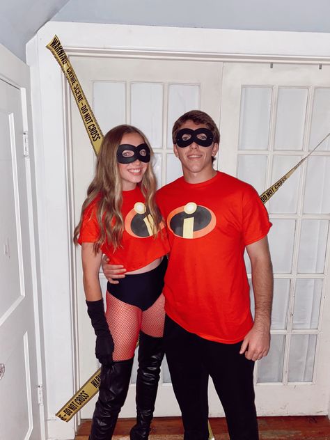 mr and mrs incredible halloween costume Couples Incredibles Costume, Couple Halloween Costumes Incredibles, Mr And Mrs Incredible Costume Diy, Couples Hero Costumes, Incredible Couple Costume, Mr Incredible And Elastigirl Costume, Elastigirl Costume Diy, The Incredibles Couple Costume, Superhero Halloween Costumes For Couples