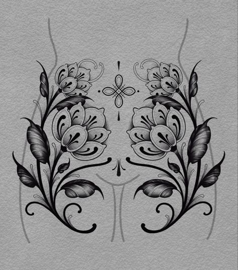 Ornamental Flower Design, Art Nouveau Mandala, Ornamental Flowers Tattoo, Ornamental Peony Tattoo, Ornamental Tattoo Sternum, Symmetrical Flower Tattoo, Flower Ornamental Tattoo, Ornamental Flower Tattoo, Ornamental Sleeve