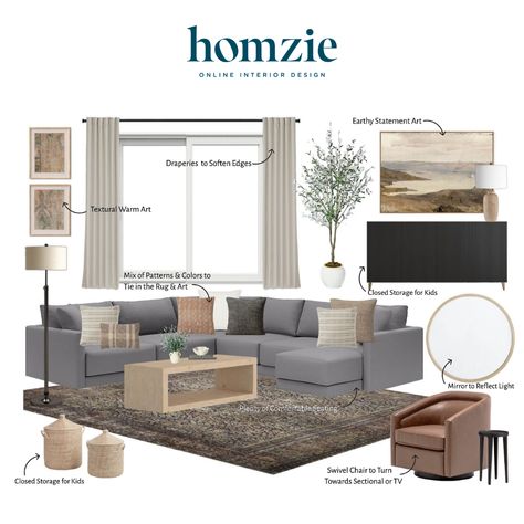 We loved designing this Amber Interiors Inspired living room for our virtual interior design client. This space features a swivel chair, a grey sectional couch, several earthy wall accents, and lots of decorative storage space. Shop this design by following @homziedesigns on the LTK app! Work 1:1 with a Homzie virtual interior designer for a low flat-rate and receive a custom, shoppable decorating plan! - all online. Get started homziedesigns.com/work-with-us Gray Sectional With Accent Chairs, Grey Couch With Accent Chair, Grey Sectional Living Room Ideas, Grey Sectional Couch, Charcoal Sectional, Grey Couches, Grey Sectional, Modern Classic Style, Amber Interiors