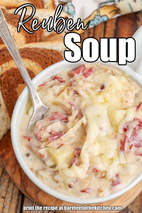 Reuben Soup - Barefeet in the Kitchen Creamy Reuben Soup, Corned Beef And Sauerkraut, Reuben Soup, Corned Beef Recipes, Chowder Soup, Soup Dish, Soup Kitchen, Soup Recipes Slow Cooker, Savory Soups