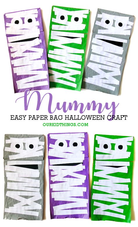 Paper Bag Mummy Craft October Projects For Preschoolers, October Craft Ideas For Preschoolers, Halloween Activities Preschool Crafts, Trick Or Treat Bag Craft Preschool, Halloween Crafts For 5 Year, Schoolage Halloween Crafts, October Fall Crafts Preschool, Mummy Activities Preschool, Kindergarten Activities Halloween