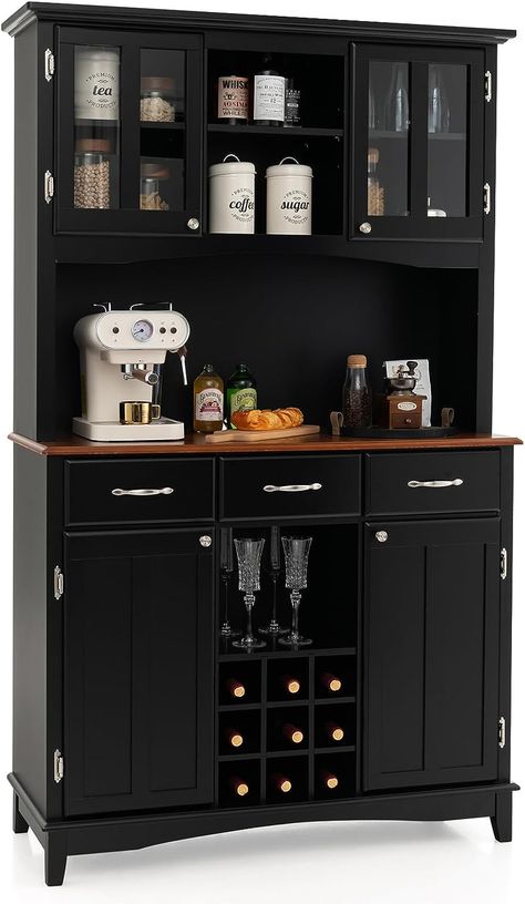 Giantex Buffet Hutch Cabinet, Kitchen Hutch Sideboard, Buffet Cabinet on Storage Island, Wood Kitchenware Server with 3 Large Drawers and 9 Wine Bottle Modulars (Black) Organiser Cucina, Kitchen Storage Cabinet, Hutch Cabinet, Buffet Hutch, Kitchen Hutch, Pantry Storage Cabinet, Storage Cabinet With Drawers, Modern Buffet, Wood Buffet