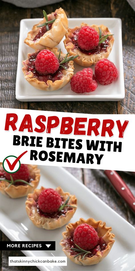 Raspberry Brie Bites with Rosemary - Baked in wonton or phyllo shells, this easy appetizer recipe pairs gooey French Brie with fresh raspberries and jam! Absolutely addictive! Raspberry Brie, Phyllo Shells, Easy Make Ahead Appetizers, Bbq Appetizers, Chicke Recipes, Brie Bites, Raspberry Recipes, Quick And Easy Appetizers, Blogger Photos