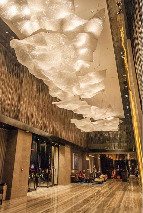 Restaurant Chandelier Design, Water Chandelier, Cloud Interior, Ceiling Art Installation, Chandelier Fabric, Cloud Lighting, Hotel Lighting Design, Cloud Chandelier, Long Corridor