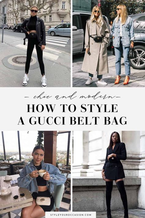 Wondering how to style a Gucci belt bag? Get chic and modern belt bag outfit ideas for 2022 and 2023 (spring, summer, and fall!), whether you love the Gucci supreme belt bag or the classic black Marmont with interlocking g. You'll love these street styles and outfit mood boards! Gucci Marmont Belt Bag Outfit, Gucci Belt Bag Outfit Street Styles, Belt Bag Outfit Street Style, Gucci Belt Bag Outfit, Gucci Bag Outfit Street Styles, Belt Bag Outfits, Silver Gucci Belt, Gucci Bum Bag, Ysl Belt Bag