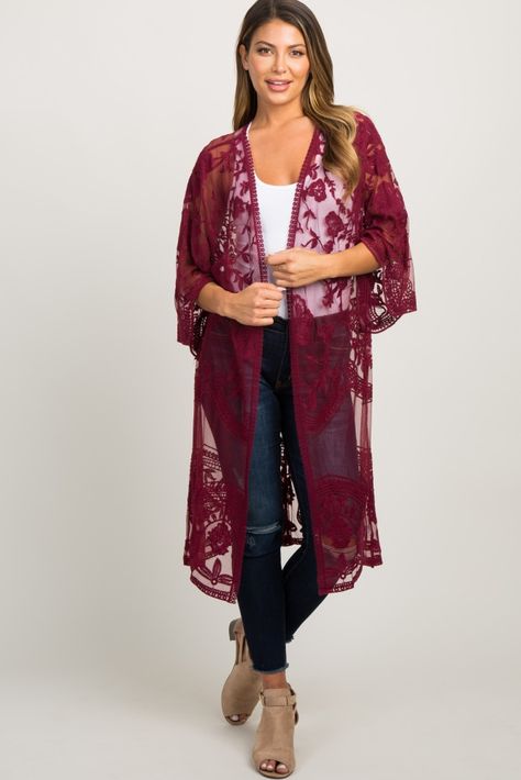 Burgundy Lace Mesh Long Kimono Lace Cardigan Outfit, Country Concert Outfit Winter, Kimono Outer, Plain Suits, Concert Outfit Winter, Eden Moon, Moon Lee, Kimono Outfit, Mode Kimono