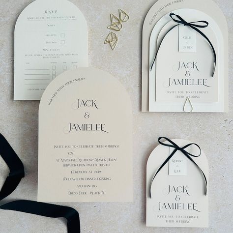 In love with these modern on trend wedding invitations I made recently for Jamielee & Jack. Make a lasting impression on your guests from the moment they open the envelope. Designed for modern couples who appreciate style and elegance. #blacktiewedding #blacktie #WeddingInvitations #ModernCouples #weddingbow #minimalistwedding #WeddingTrends2024 #Elegantinvites #weddinginspiration #bride #savethedate #londonbride #northeastbride #northumberlandwedding #rockmywedding #wedvibes #lovedupnorth Arch Invitation, Modern Wedding Invitation Suite, London Bride, Luxury Wedding Invitations, Shaped Cards, Pastel Wedding, Wedding Bows, Invitation Card Design, Modern Wedding Invitations