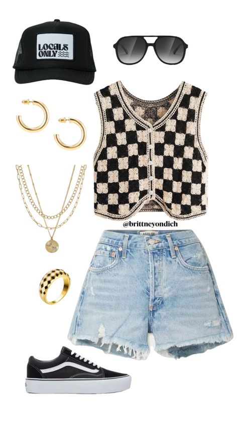 Checkered vest denim shorts vans trucker hat local beach hat gold jewelry Edgy Outfits, Neue Outfits, Mein Style, Outfits Verano, Mode Inspo, Mode Inspiration, Lookbook Outfits, Spring Summer Outfits, Casual Fits