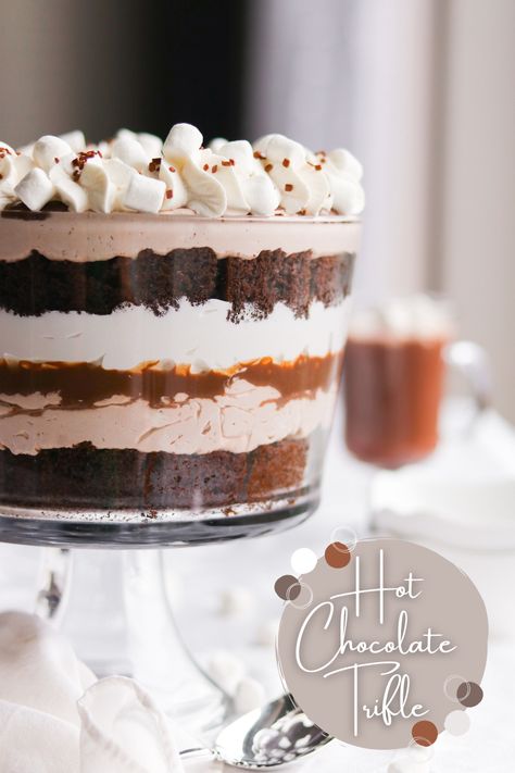 Hot Chocolate Trifle - A baJillian Recipes Natal, New Years Trifle Desserts, New Years Trifle, Gingerbread Trifle Recipe, Winter Trifle Desserts, Punchbowl Cakes, Winter Potluck Dishes, Thanksgiving Trifle Desserts, Eggnog Trifle