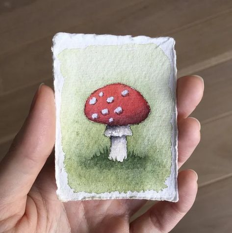 Goblincore Watercolor Art, Tiny Canvas Painting Watercolor, Mushroom Mini Painting, Cute Mushroom Watercolor, Watercolor Art Cottagecore, Tiny Mushroom Painting, Mushroom Drawing Watercolor, Mini Watercolor Ideas, Mini Canvas Watercolor Paintings