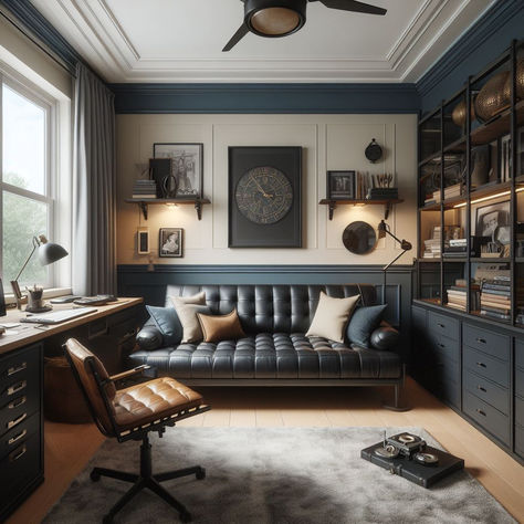 Gentlemen Office, Bauhaus Home Office, Lounge Home Office, Office Hobby Room, Men’s Small Office, Small Office Masculine, Dark Music Room Aesthetic, Mancave Office Modern, Masculine Library