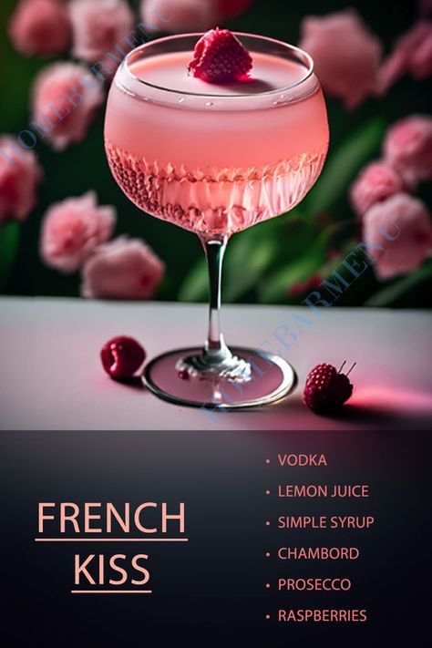 Red Queen Cocktail, Bar Menu Food Ideas, French Kiss Drink, Signature Martini Cocktails, Happy Hour Drink Ideas, French Drinks Cocktails, French Kiss Cocktail, Different Martinis, Sparkling Rose Cocktail