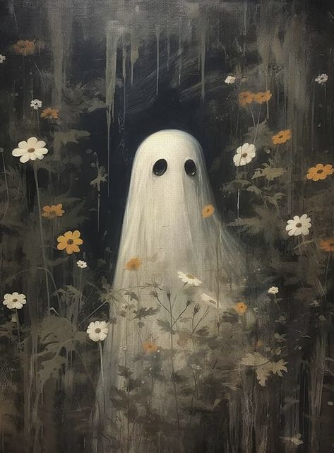 Spring Ghost Wallpaper, Cute Ghost Aesthetic, Cottagecore Drawing, Autumn Posters, Halloween Wallpaper Cute, Spooky Art, Halloween Artwork, Dark Wallpaper Iphone, Dark Art Illustrations